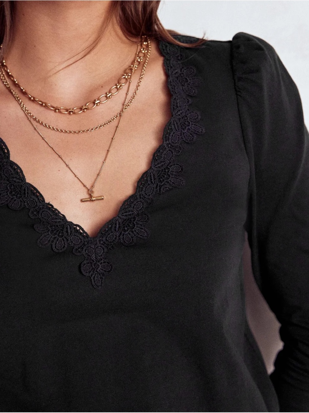 Boden Black V-Neck Lace-Trim Puff Sleeve Top